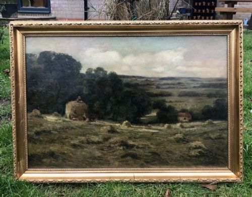 fig 1. John Scott Signed Early 20th Century Original Antique Oil Painting on Canvas Gathering Hay nr Leyburn Yorkshire Farm Landscape