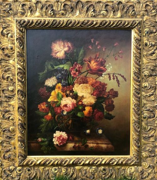 Original Antique Oil Painting on Canvas Still Life of Flowers in an Elaborate Urn Presented in a Large Gilt Decorative Frame