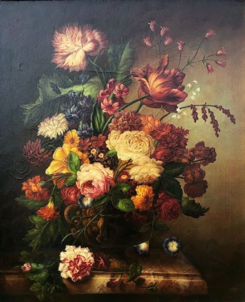 fig 1. Original Antique Oil Painting on Canvas Still life of Flowers in an Elaborate Urn Presented in a large Gilt Decorative Frame