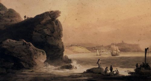 Francis Nicholson Signed Original Early 19th Century Antique Watercolour Painting Scarborough from the Black Rocks Historic Yorkshire Seascape
