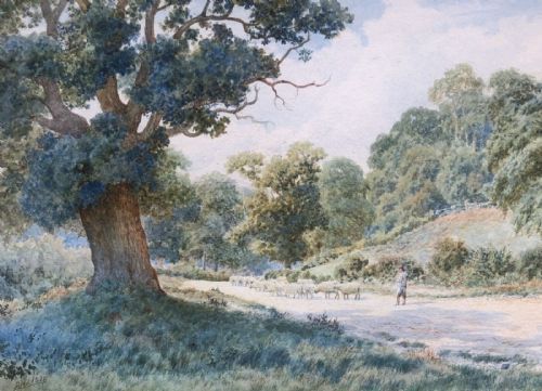 Monogram Signed Original 1918 Watercolour Painting Derbyshire Rural Landscape Sheep on a Lane