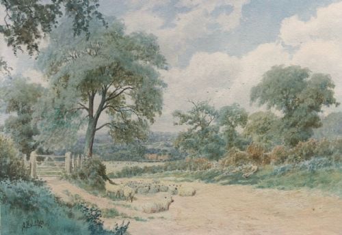 Monogram Signed Original 1919 Watercolour Painting Sheep & Cottages Derbyshire Landscape