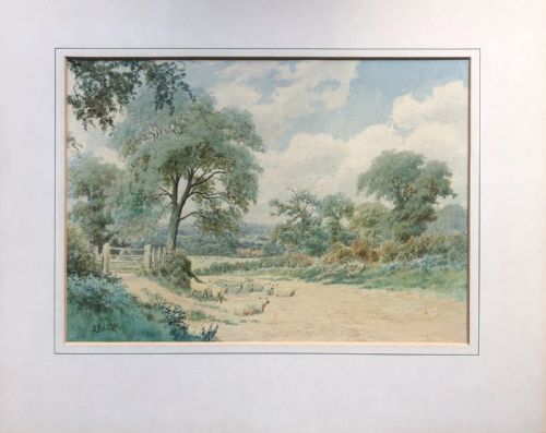 fig 1. Monogram Signed Original 1919 Watercolour Painting Sheep & Cottages Derbyshire Landscape