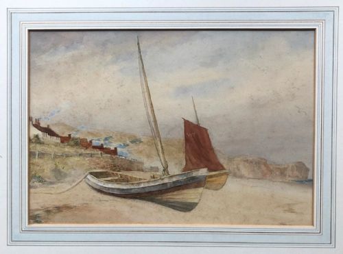 fig 1. Indistinctly Signed dated 1894 Original English Antique Watercolour Painting Sands End Whitby Yorkshire Beach Seascape