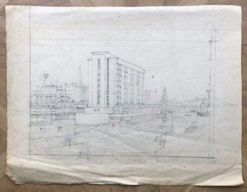 fig 1. 4 x Original Pencil Drawings of York Circa mid 20th Century including University Architecture Plans & Studies