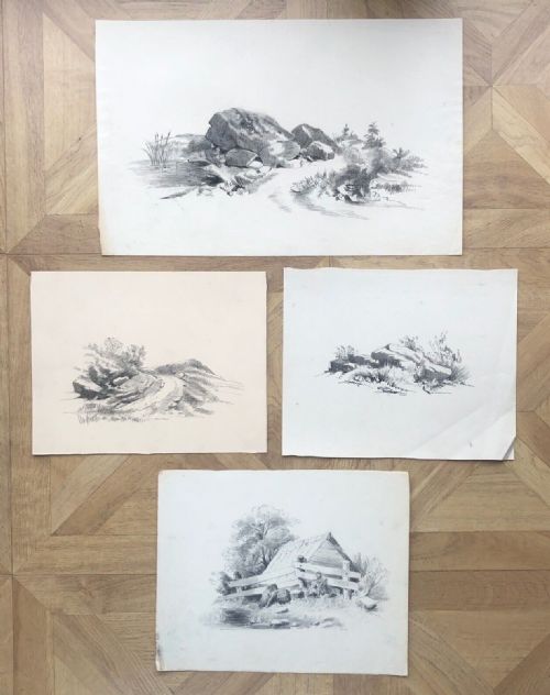 4 X Original 19th Century Antique Pencil Drawings Landscape & Cottage Scenes
