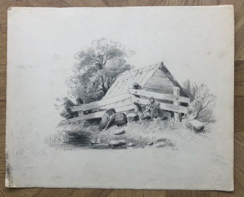 fig 1. 4 x Original 19th century Antique Pencil Drawings Landscape & Cottage Scenes