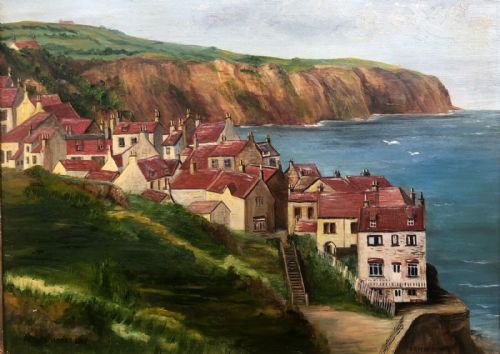 Edith E Hoyle Signed Original Mid 20th Century Vintage Oil Painting on Artist Board Robin Hood's Bay North Yorkshire Coast Seascape