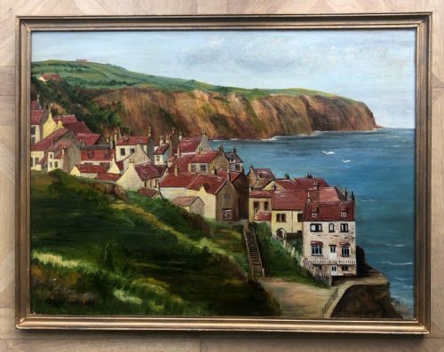 fig 1. Edith E Hoyle Signed Original Mid 20th Century Vintage Oil Painting on Artist Board Robin Hood's Bay North Yorkshire Coast Seascape