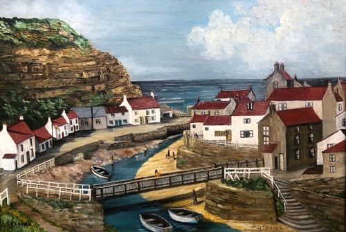 Edith E Hoyle Signed Original Mid 20th Century Oil Painting on Artist Board Staithes North Yorkshire Coast Landscape Seascape