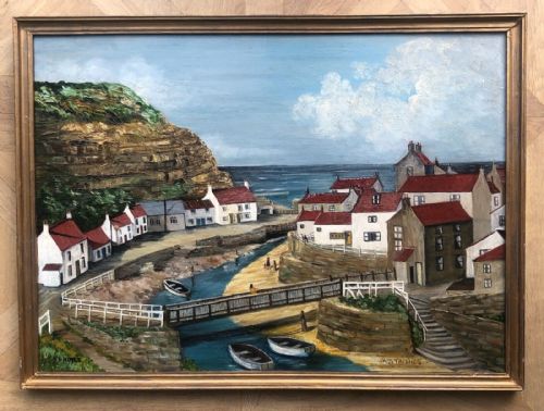 fig 1. Edith E Hoyle Signed Original Mid 20th Century Oil Painting on Artist Board Staithes North Yorkshire Coast Landscape Seascape