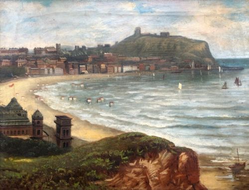 Original 19th Century Antique Oil Painting on Canvas View of Scarborough South Bay, Spa Rooms & Victorian Beach Bathing Huts