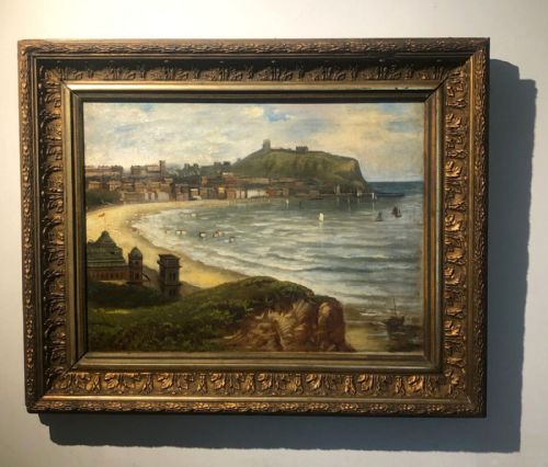 fig 1. Original 19th Century Antique Oil Painting on Canvas View of Scarborough South Bay, Spa Rooms & Victorian Beach Bathing Huts