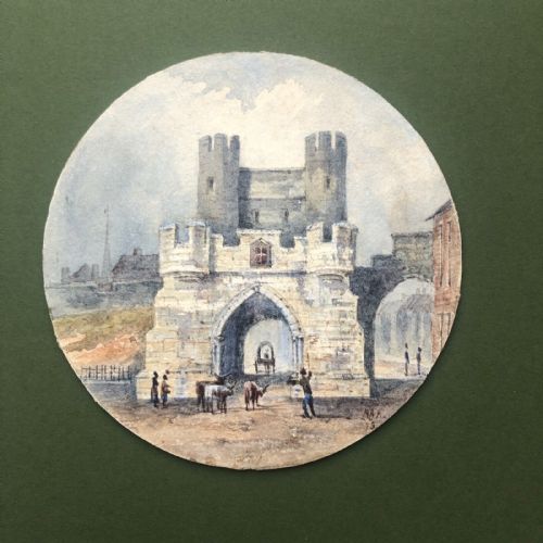 Original Monogrammed M.a.k 19th Century Antique 1873 Watercolour Painting on Card  Walmgate Bar York City Walls Historical Yorkshire Landscape