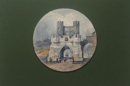 fig 1. Original Monogrammed M.A.K 19th Century Antique 1873 Watercolour Painting on Card Walmgate Bar York City Walls Historical Yorkshire Landscape