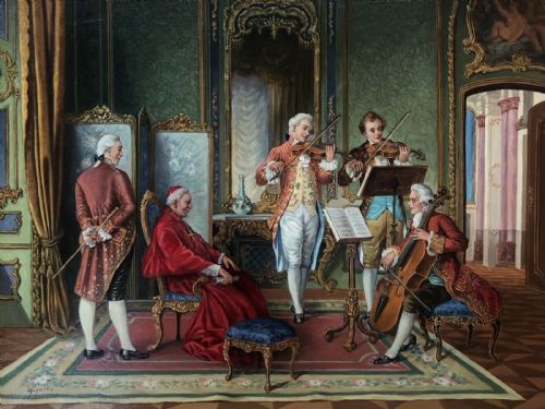 Signed Original Mid 20th Century Oil Painting on Canvas a Concert for the Cardinal Portrait of Musicians