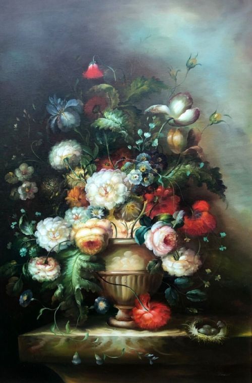 Original Mid 20th Century Decorative Oil Painting on Canvas Still Life Flower Display with a Nest of Eggs