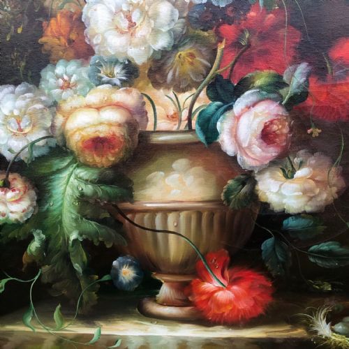 fig 1. Original Mid 20th Century Decorative Oil Painting on Canvas Still Life Flower Display with a Nest of Eggs