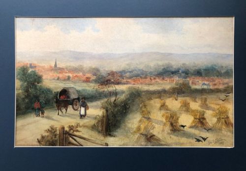 fig 1. 1909 Signed Early 20th Century Antique Original Watercolour Painting Cart on road & Field of Haystacks English Landscape