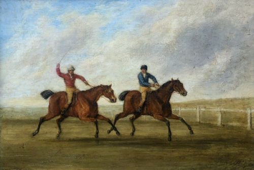 Indistinctly Signed Original Early 19th Century Antique Oil Painting on Wood Panel, Horse Racing Landscape