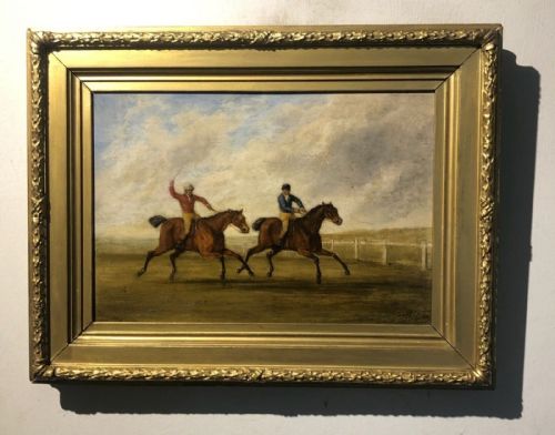 fig 1. Indistinctly Signed Original early 19th Century Antique Oil Painting on Wood Panel, Horse Racing Landscape