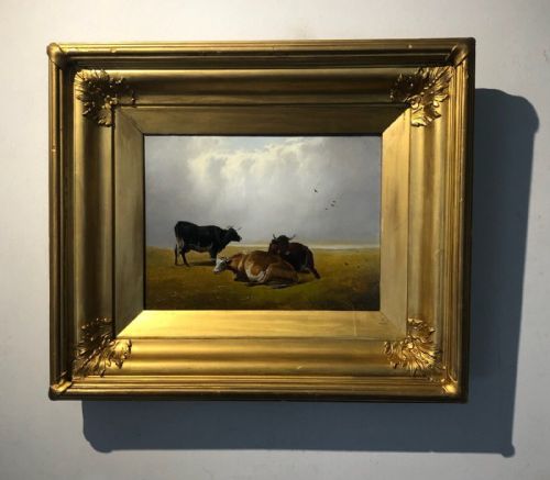 Attributed to Thomas Sidney Cooper Ra & G B Sticks Via Label Verso 'Cattle at Rest' Original Oil Painting on Board in Gilt Frame