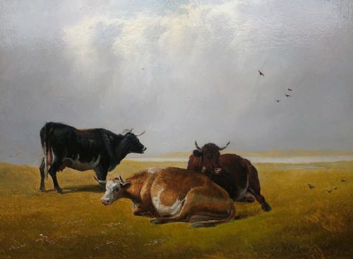 fig 1. Attributed to Thomas Sidney Cooper RA & G B Sticks Via Label Verso 'Cattle at rest' Original Oil Painting on Board in Gilt Frame