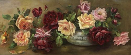 fig 1. Original Late 19th Century Antique Oil Painting on Canvas Still life Roses in a Bowl Initialed AMS