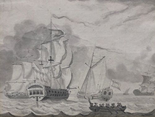 Manner of Francis Swaine Original 18th Century Antique Grisaille Watercolour Painting Historic Naval Seascape with Ships & Rowing Boats