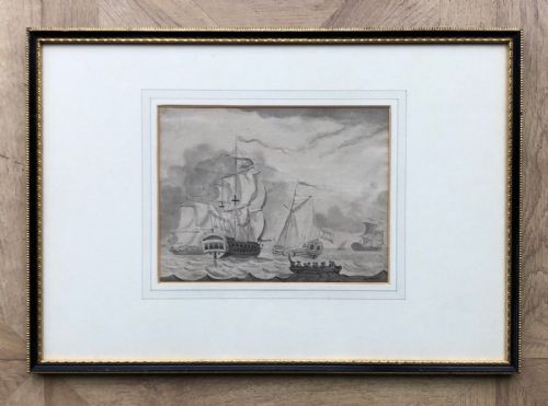fig 1. Manner of Francis Swaine Original 18th Century Antique Grisaille Watercolour Painting Historic Naval Seascape with Ships & Rowing Boats