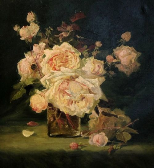 Original 19th Century Antique Oil Painting on Canvas Still Life of Pale Pink Roses in a Decorative Frame No 2