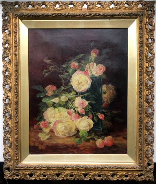 fig 1. Original 19th Century Antique Oil Painting on Canvas Still life Study of White & Pink Roses No 1