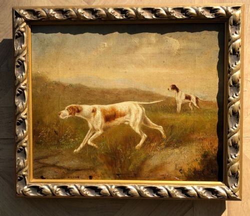 Original Indistinctly Signed 1901 Antique Oil Painting on Canvas English Pointer Dogs Hunting in a Landscape