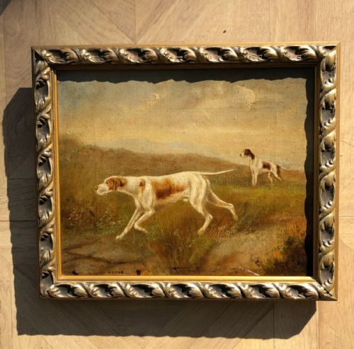 fig 1. Original Indistinctly Signed 1901 Antique Oil Painting on Canvas English Pointer dogs Hunting in a Landscape