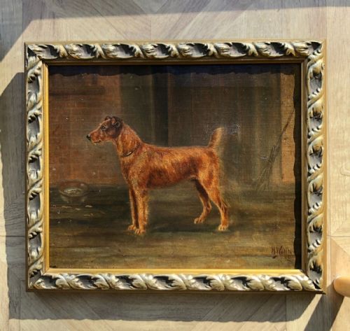Indistinctly Signed Early 20th Century Original Antique Oil Painting on Canvas English Airedale Terrier Dog Portrait