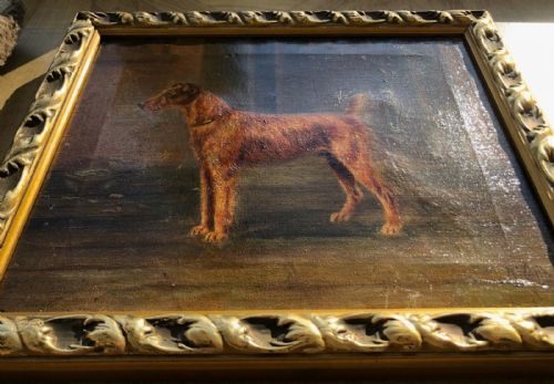 fig 1. Indistinctly Signed early 20th Century Original Antique Oil Painting on Canvas English Airedale Terrier Dog Portrait