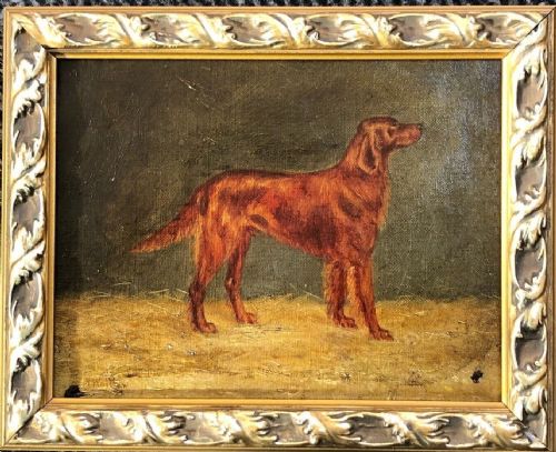 fig 1. Indistinctly Signed Original 20th Century Antique Oil Painting on Canvas English Red Setter Dog Portrait