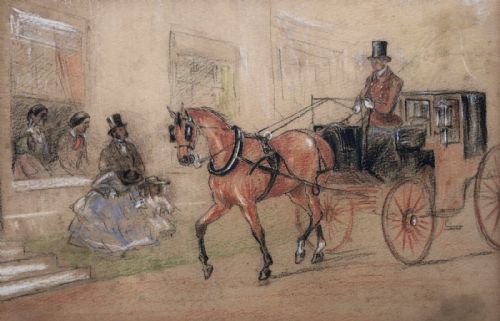 British School Late 19th Century Original Antique Pastel Drawing Carriage Driving Coach & Horse Townscape Attributation Verso to C Keene