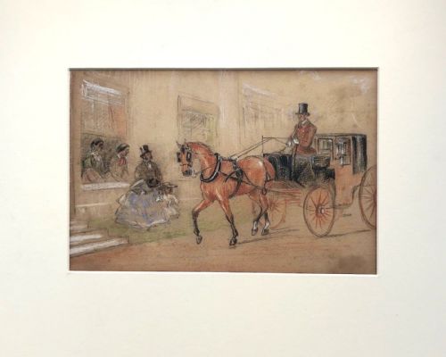 fig 1. British School Late 19th Century Original Antique Pastel Drawing Carriage Driving Coach & Horse Townscape Attributation verso to C Keene