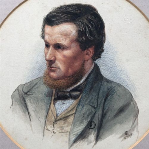 Signed Original Blind Stamped 19th Century Antique Watercolour Portrait Painting of Gentleman