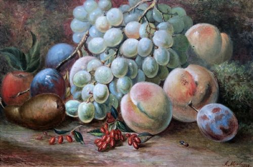 fig 1. Signed J Mead 1882 Original 19th Century Antique Watercolour Gouache Painting Still life Fruit in Decorative Glazed Frame