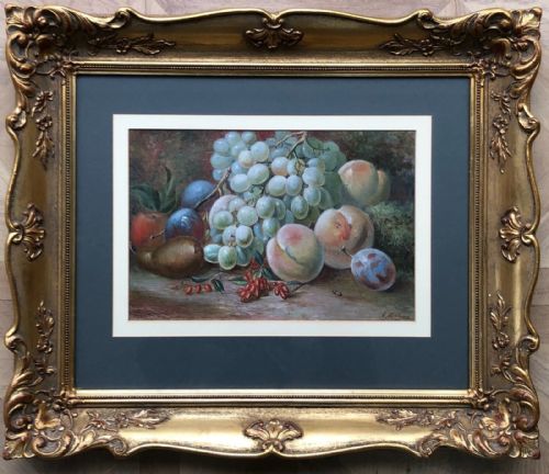 Signed J Mead 1882 Original 19th Century Antique Watercolour Gouache Painting Still Life Fruit in Decorative Glazed Frame