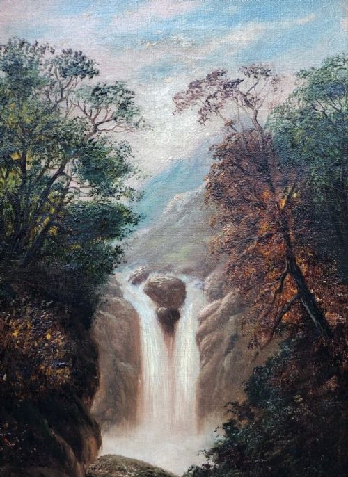 WILLIAM JAMES SMITH CRAMPTON SIGNED ORIGINAL EARLY 20TH CENTURY ANTIQUE OIL PAINTING ON CANVAS WATERFALL LANDSCAPE NO 1 - ADDITIONAL PHOTO 1