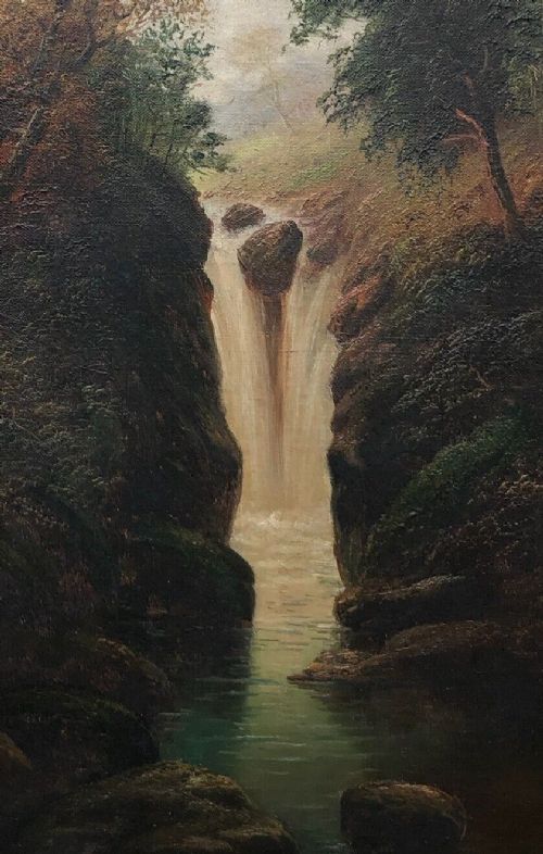 fig 1. William James Smith Crampton Signed Original Antique Oil Painting on Canvas Waterfall Landscape No. 2