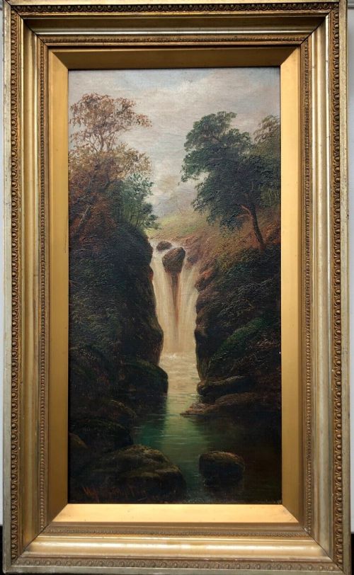 William James Smith Crampton Signed Original Antique Oil Painting on Canvas Waterfall Landscape No. 2