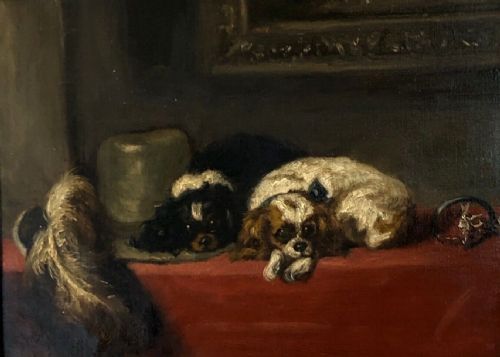 After Edwin Landseer Ra Original 19th Century Antique Oil Painting on Canvas Two Cavalier King Charles Spaniels Dog Portrait