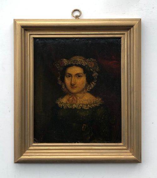 fig 1. Original British School Late 18th Century Antique Oil Painting on Board Portrait of a Lady with a lace Collar & Cap