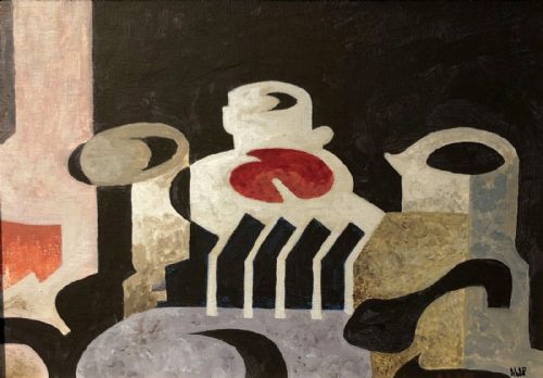 A Le M Pearce Initialed Mid 20th Century Abstract Oil Painting on Board "After Breakfast"