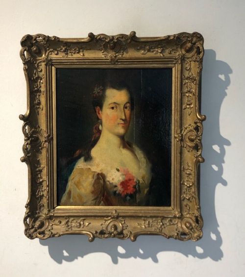 Original Early 19th Century European School Antique Oil Painting on Canvas Attached to Wood Panel Portrait of a Lady in a Lace Trimmed Gown with Corsage