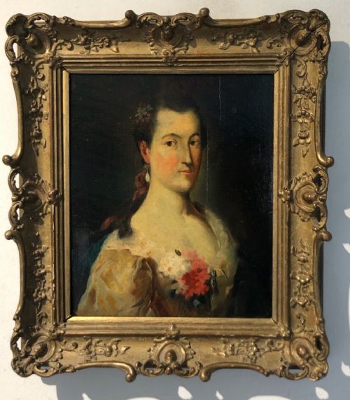 fig 1. Original Early 19th Century European School Antique Oil Painting on canvas attached to Wood Panel Portrait of a Lady in a Lace trimmed Gown with Corsage